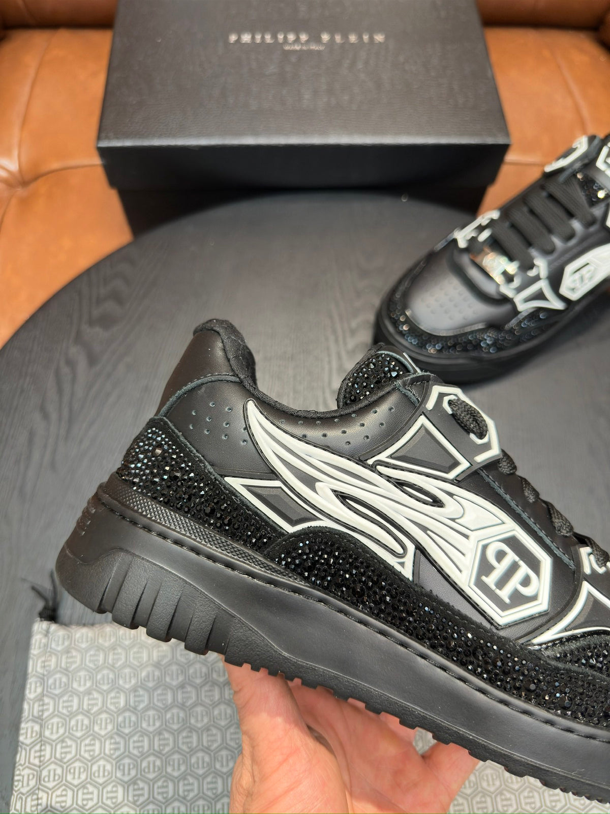 Philipp Plein Moon Walker Black Embellished Low-Top Sneakers | Silver-Tone Graphic Details