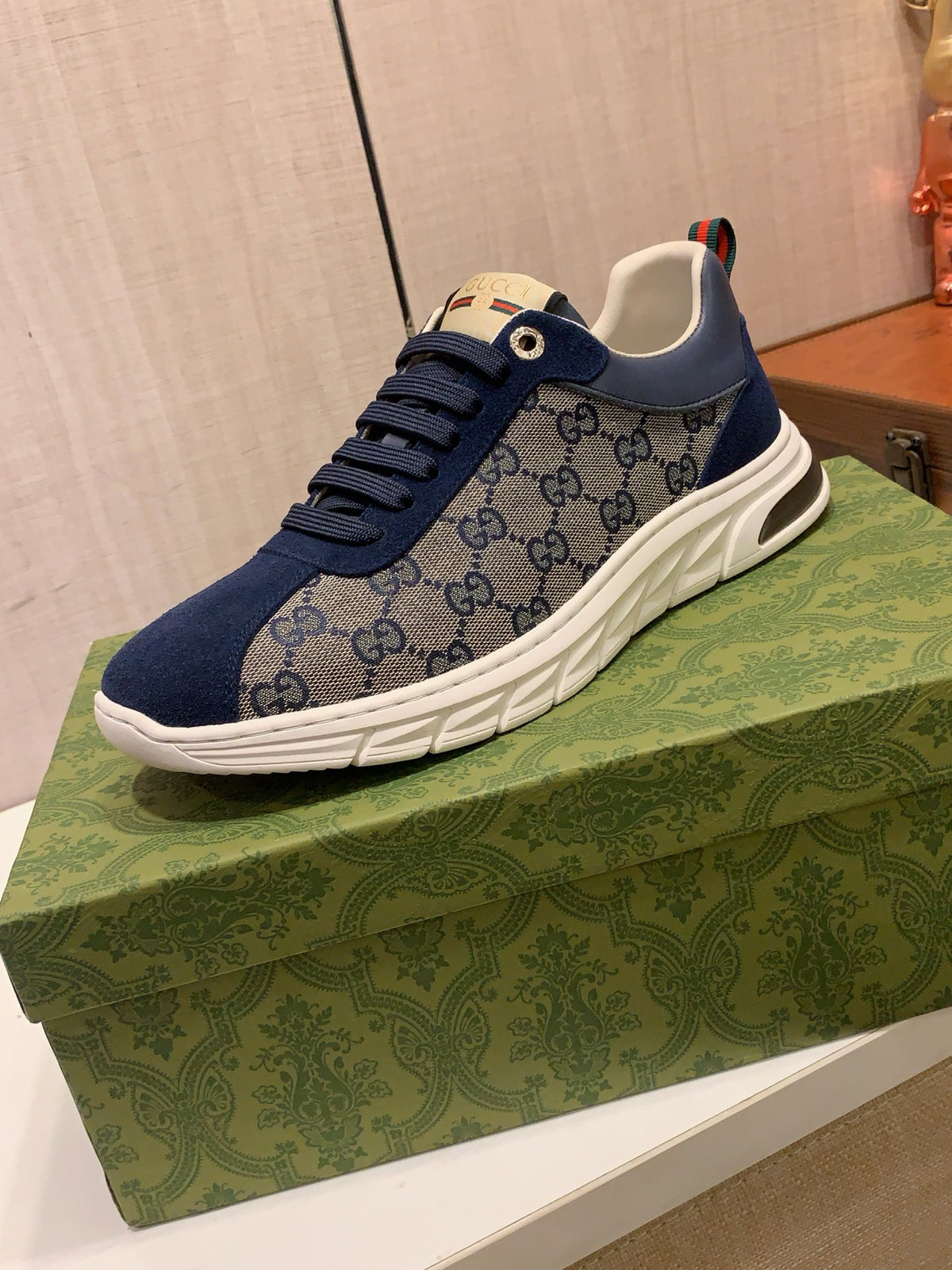 Gucci GG-Pattern Low-Top Sneakers | Navy Panels & Sculpted Sole