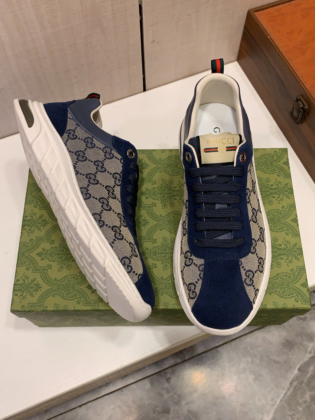 Gucci GG-Pattern Low-Top Sneakers | Navy Panels & Sculpted Sole