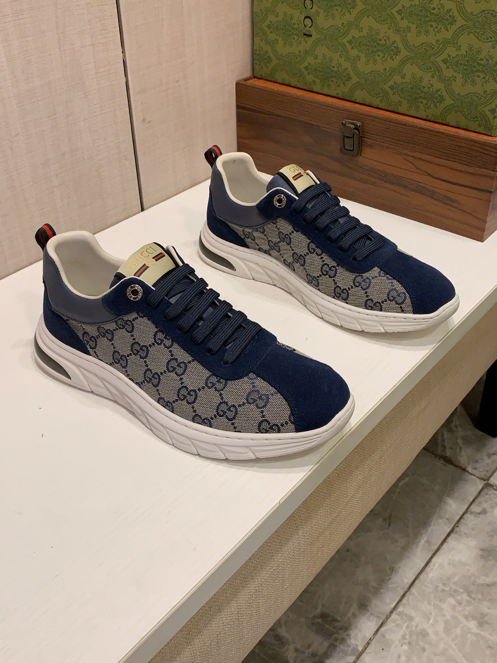 Gucci GG-Pattern Low-Top Sneakers | Navy Panels & Sculpted Sole