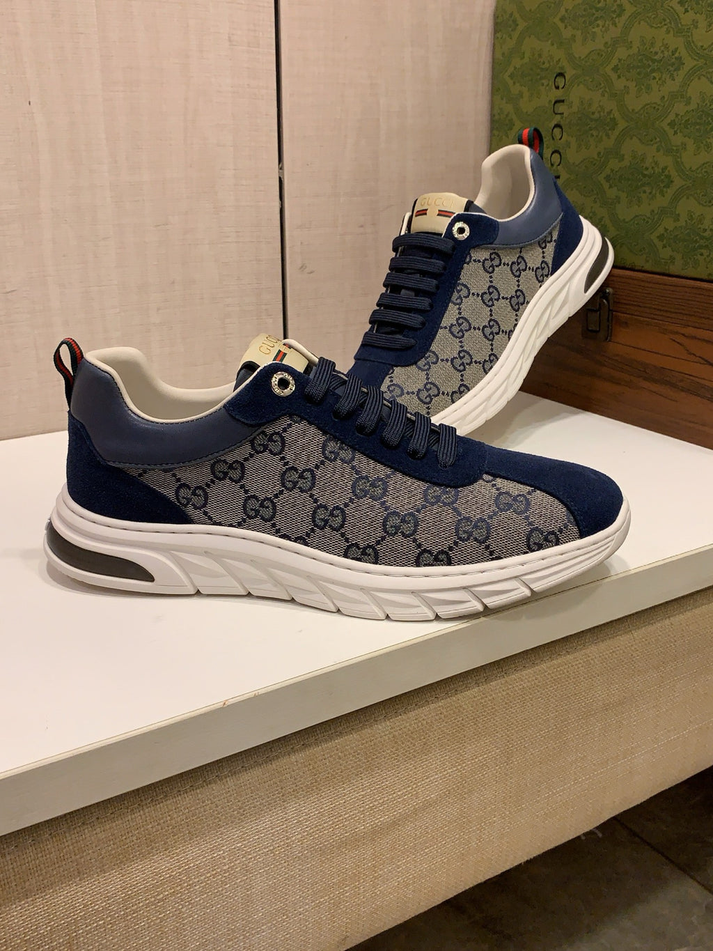 Gucci GG-Pattern Low-Top Sneakers | Navy Panels & Sculpted Sole