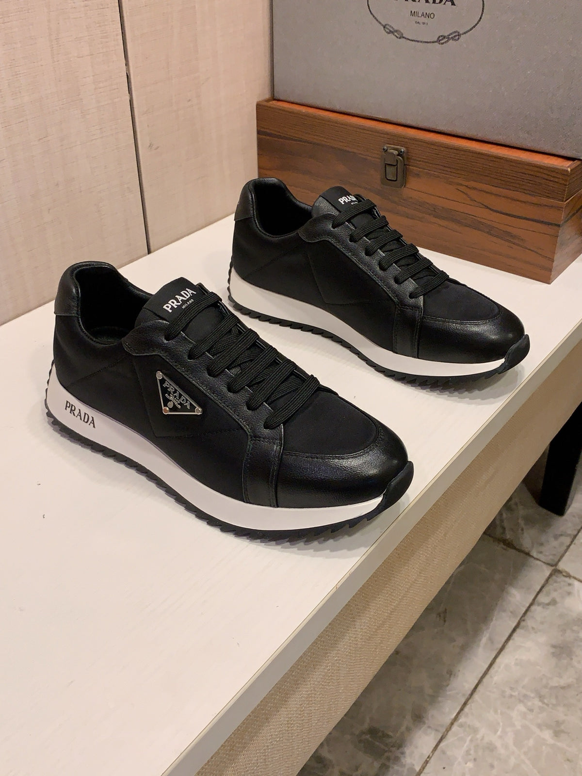 PRADA Black Panelled Low-Top Sneakers | Triangle Logo & Retro Sport Style