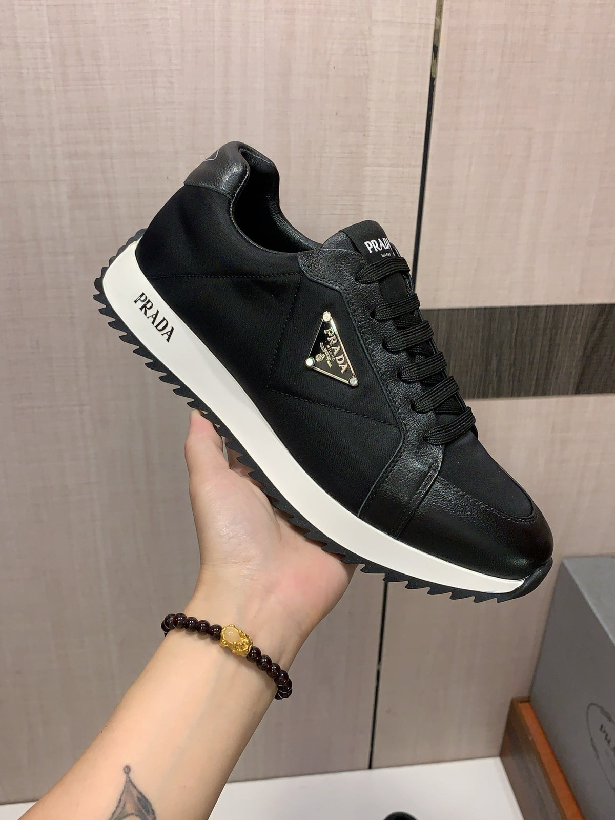 PRADA Black Panelled Low-Top Sneakers | Triangle Logo & Retro Sport Style