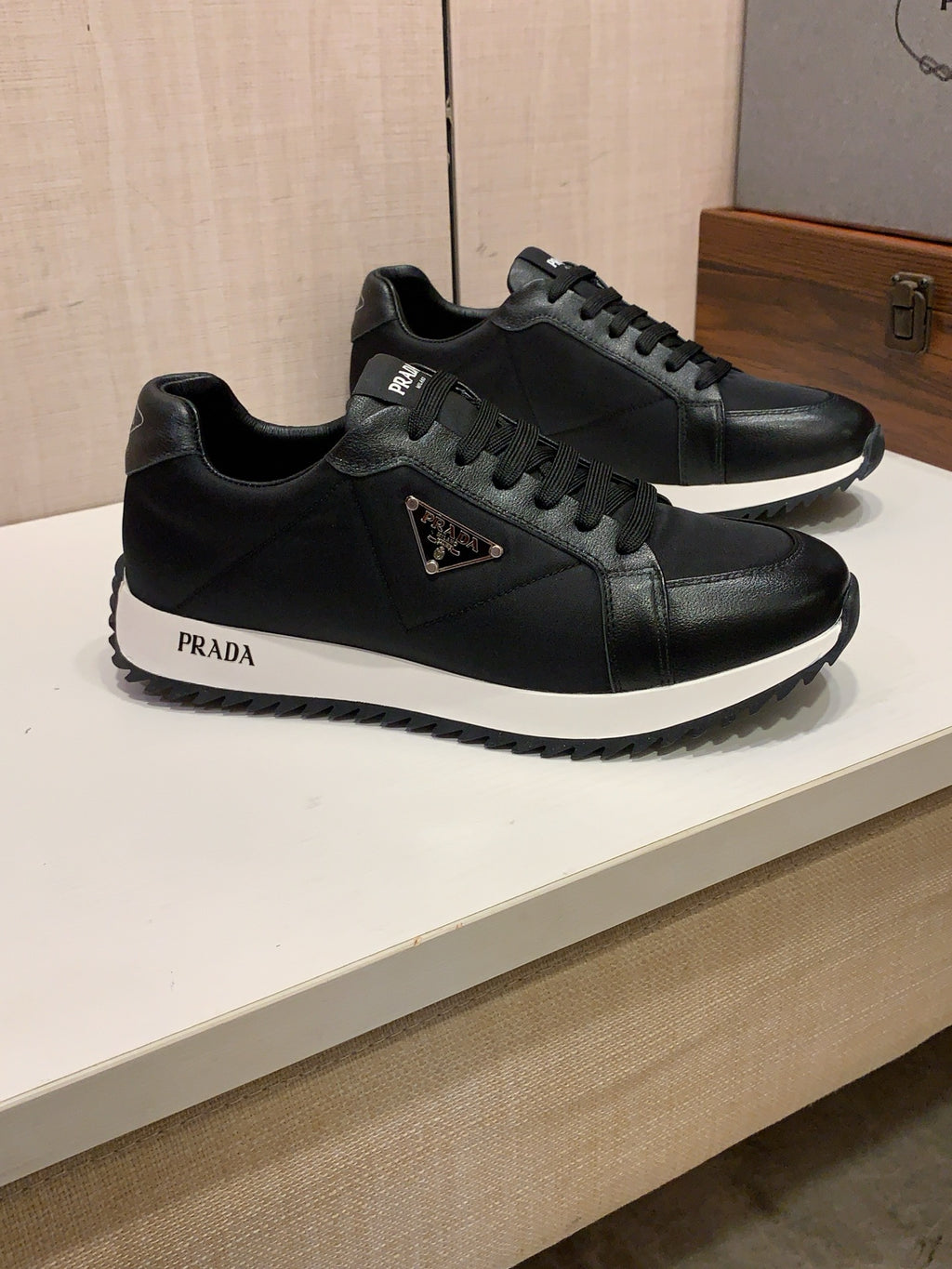 PRADA Black Panelled Low-Top Sneakers | Triangle Logo & Retro Sport Style