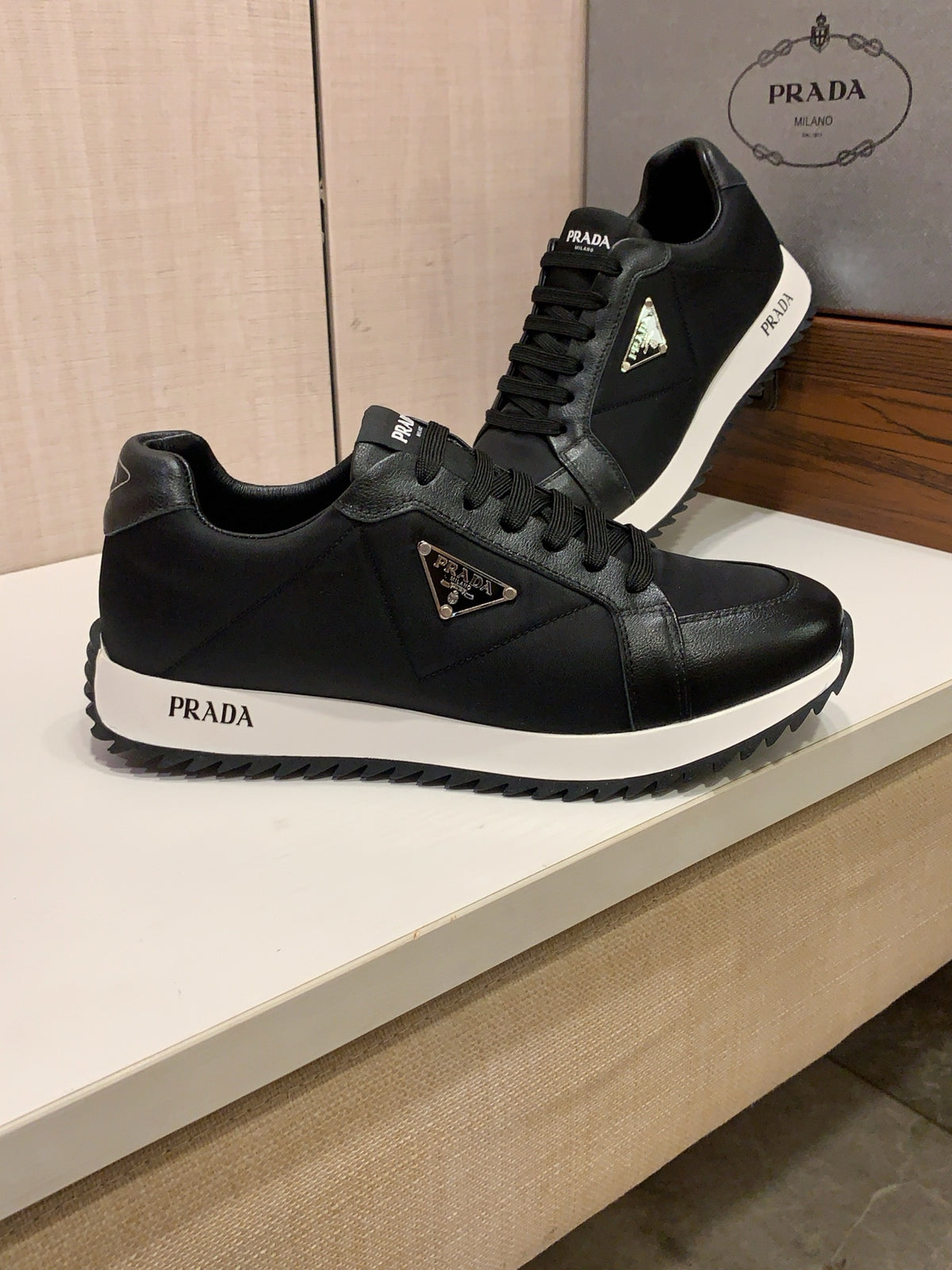 PRADA Black Panelled Low-Top Sneakers | Triangle Logo & Retro Sport Style