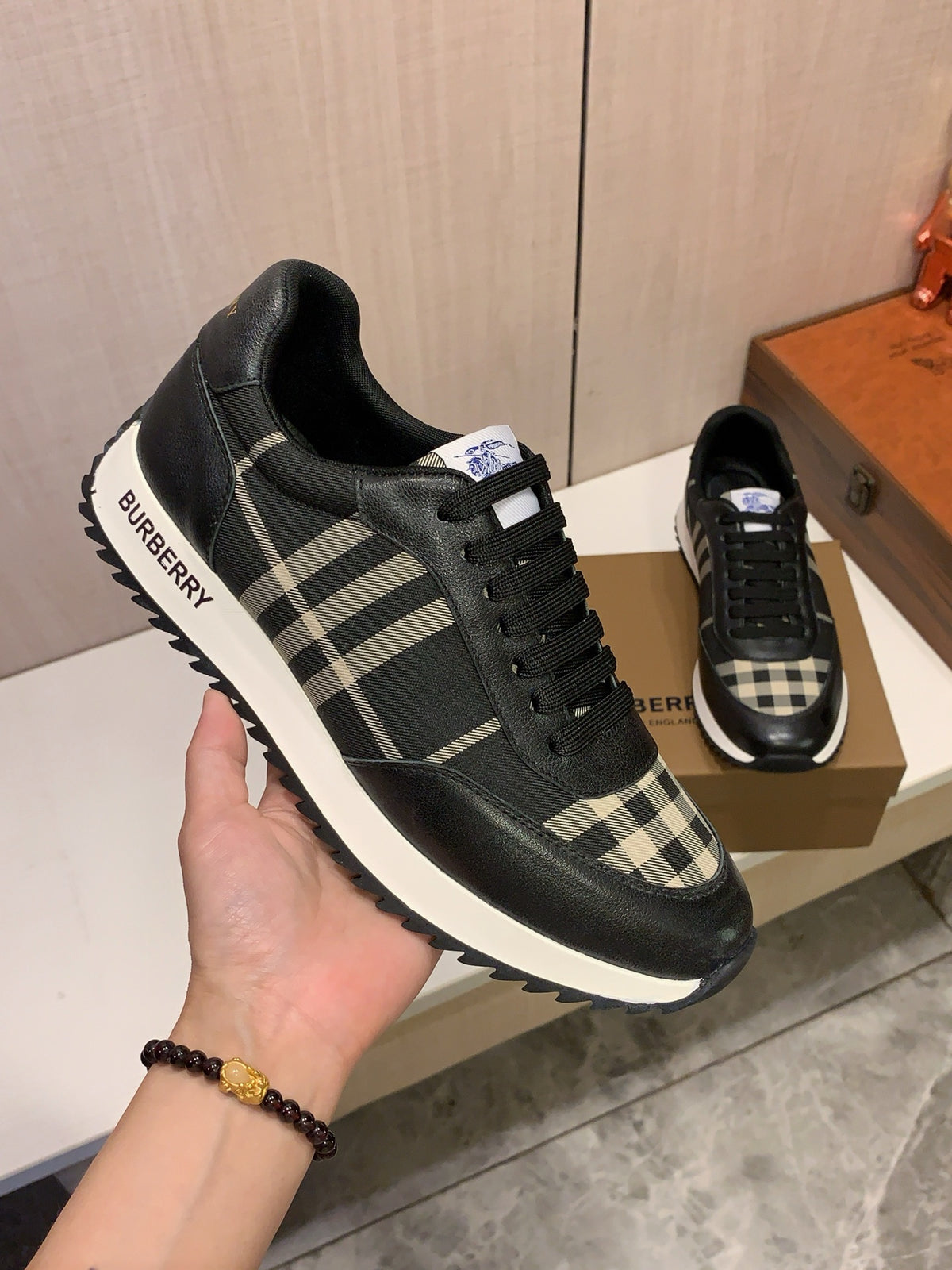 BURBERRY Black Check-Panel Low-Top Sneakers | British-Inspired Retro Style