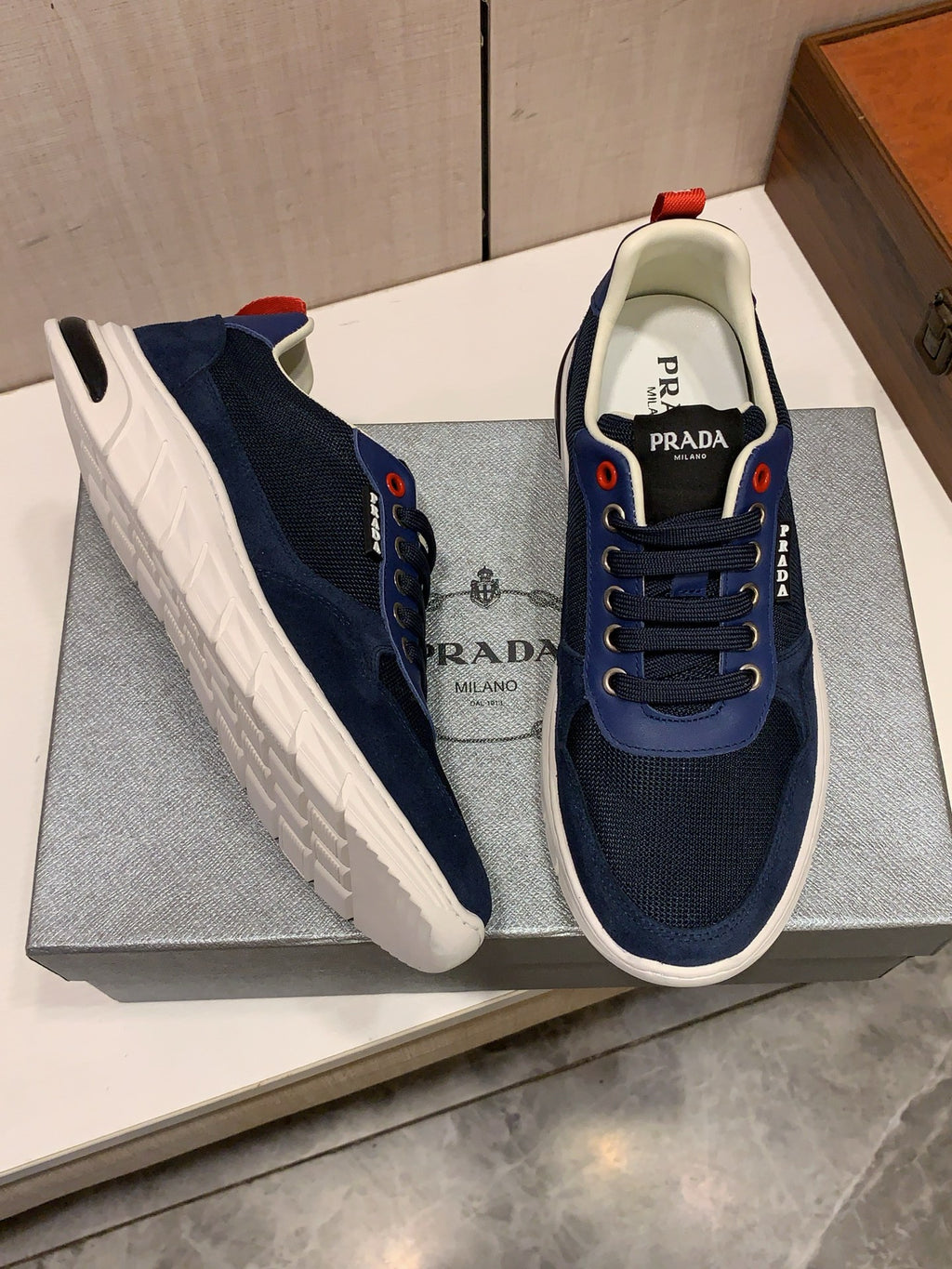 PRADA Navy Panelled Low-Top Sneakers | Mesh Texture & Retro Sport Style
