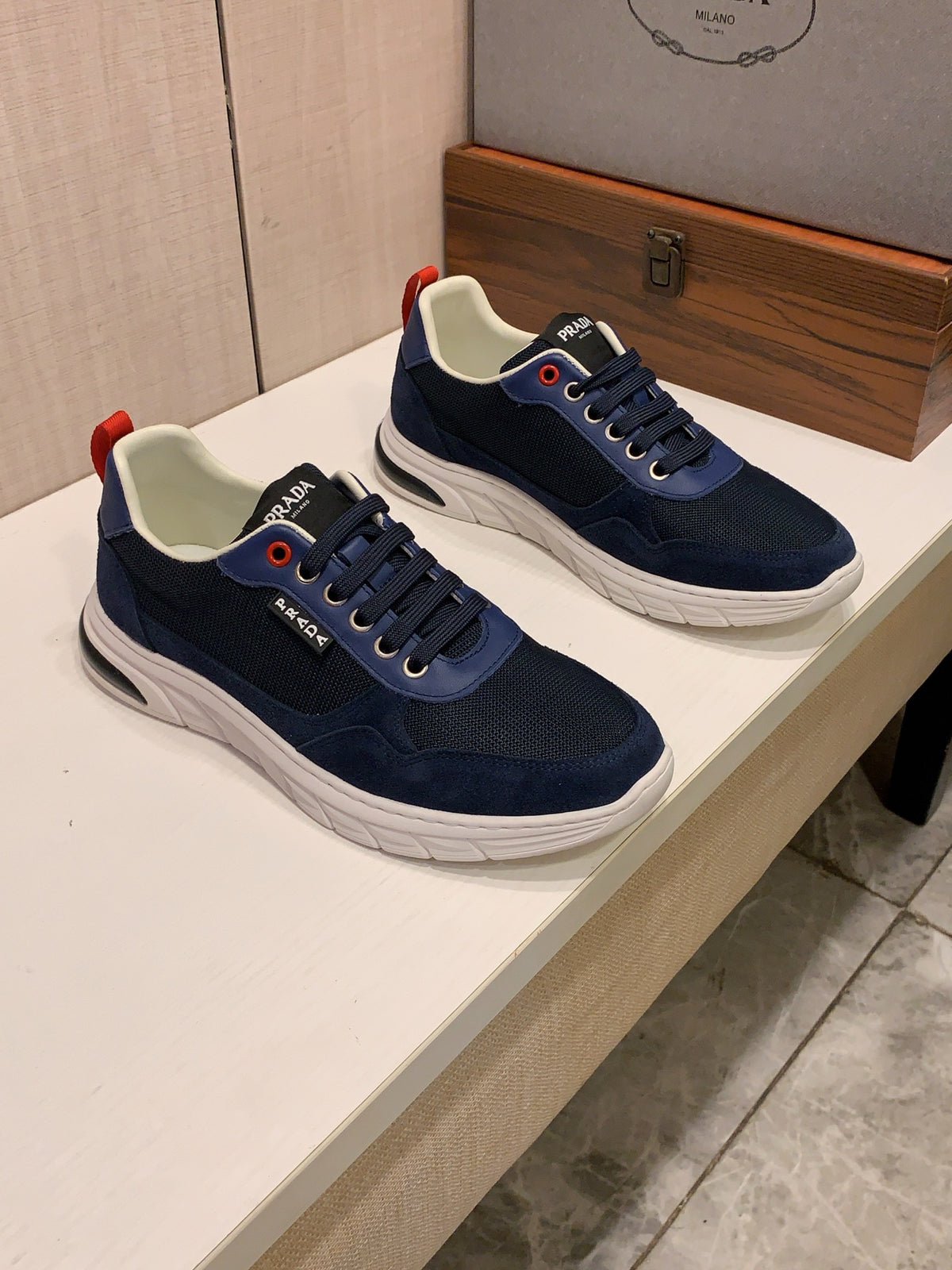 PRADA Navy Panelled Low-Top Sneakers | Mesh Texture & Retro Sport Style