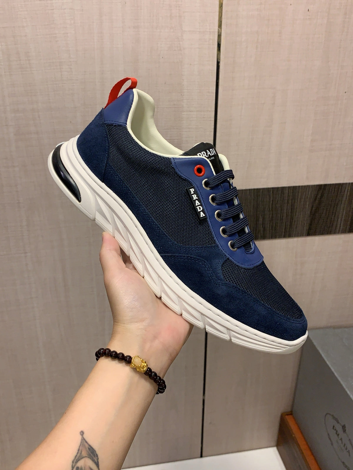 PRADA Navy Panelled Low-Top Sneakers | Mesh Texture & Retro Sport Style