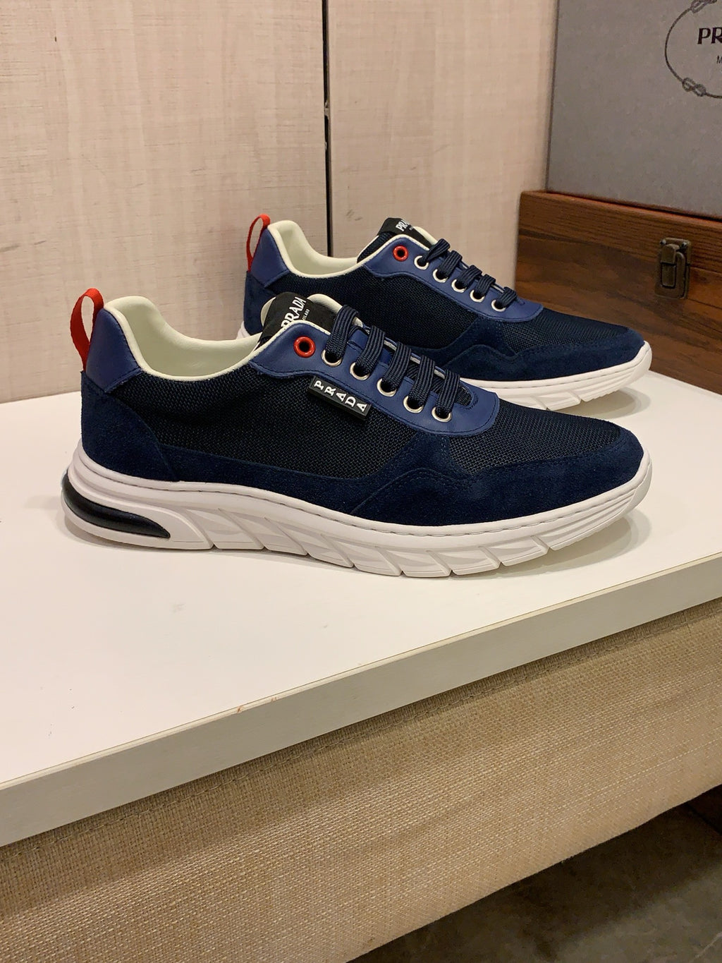 PRADA Navy Panelled Low-Top Sneakers | Mesh Texture & Retro Sport Style