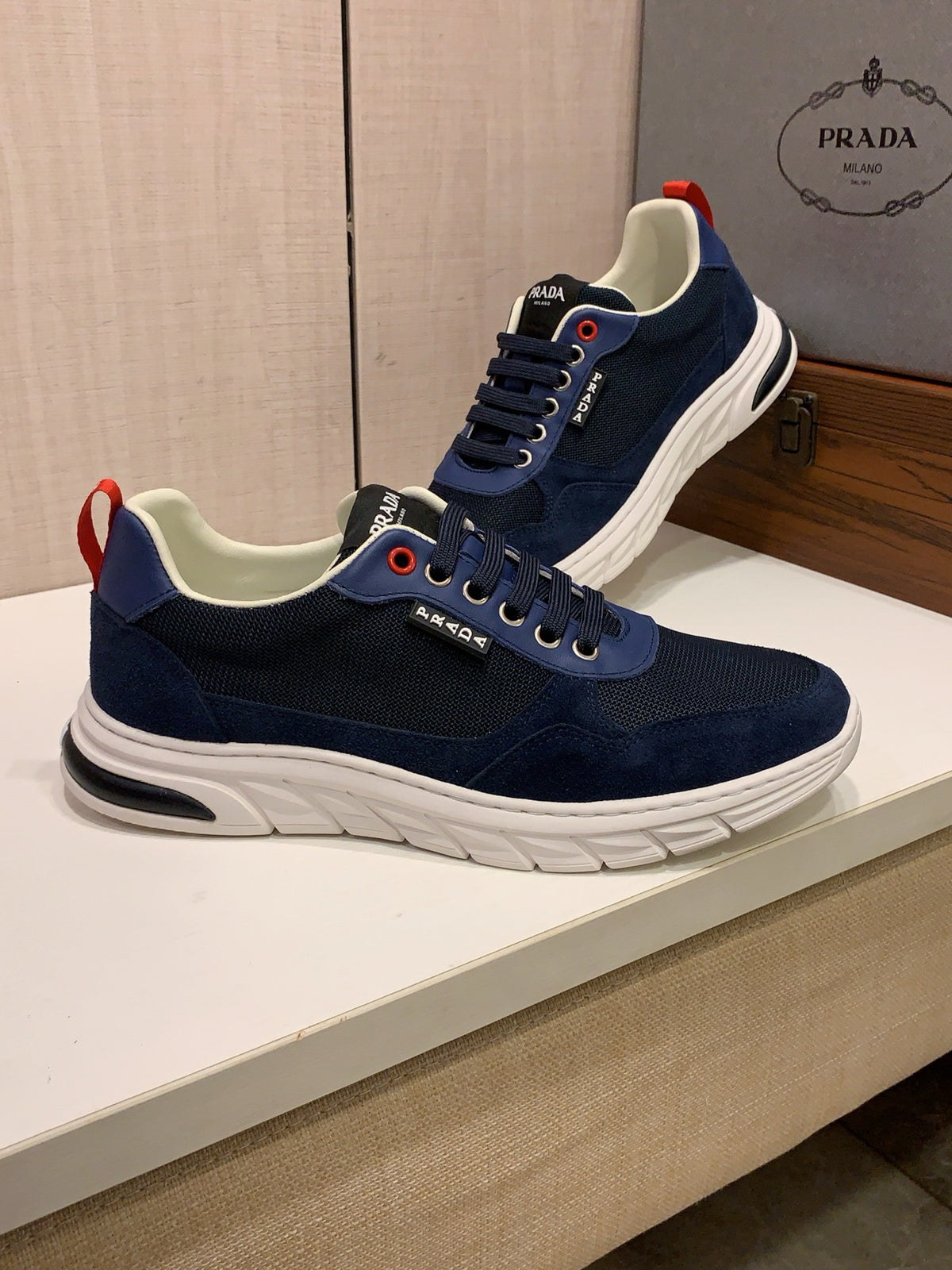 PRADA Navy Panelled Low-Top Sneakers | Mesh Texture & Retro Sport Style