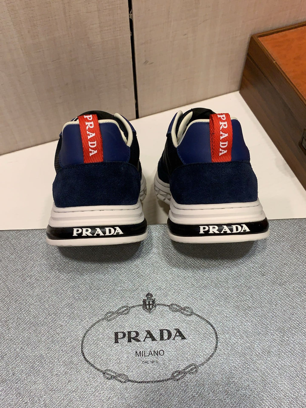 PRADA Navy Panelled Low-Top Sneakers | Mesh Texture & Retro Sport Style
