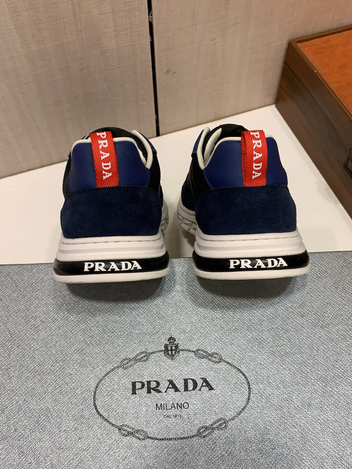 PRADA Navy Panelled Low-Top Sneakers | Mesh Texture & Retro Sport Style