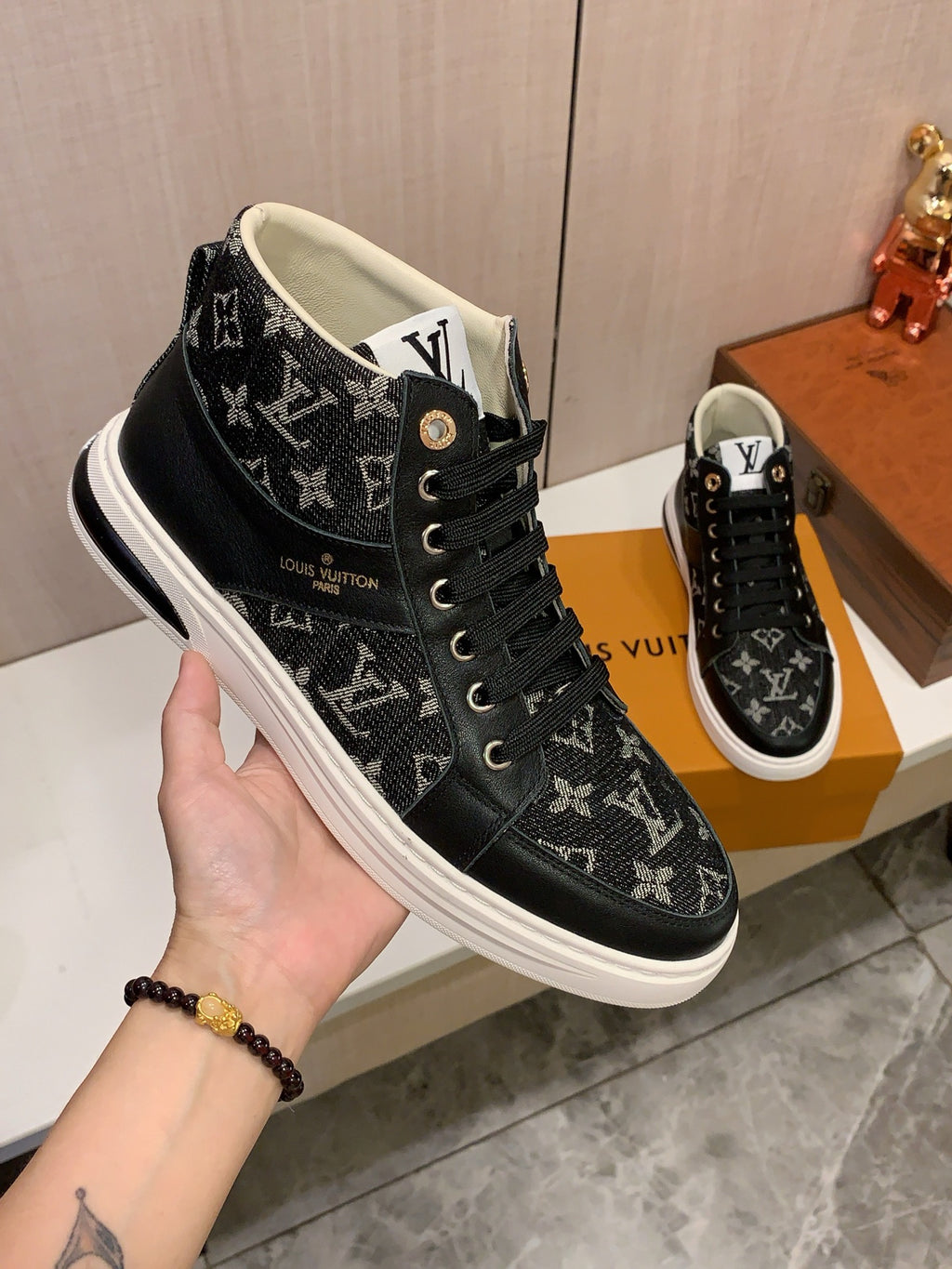 Black Patterned High-Top Sneakers | Bold Contrast, Streetwear Style