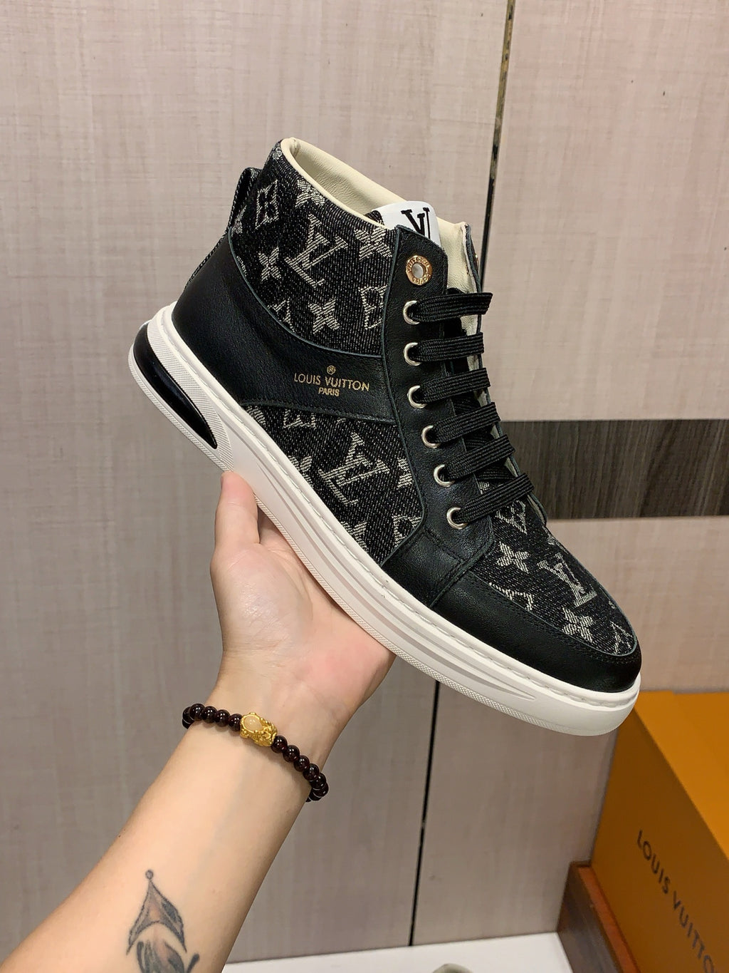 Black Patterned High-Top Sneakers | Bold Contrast, Streetwear Style