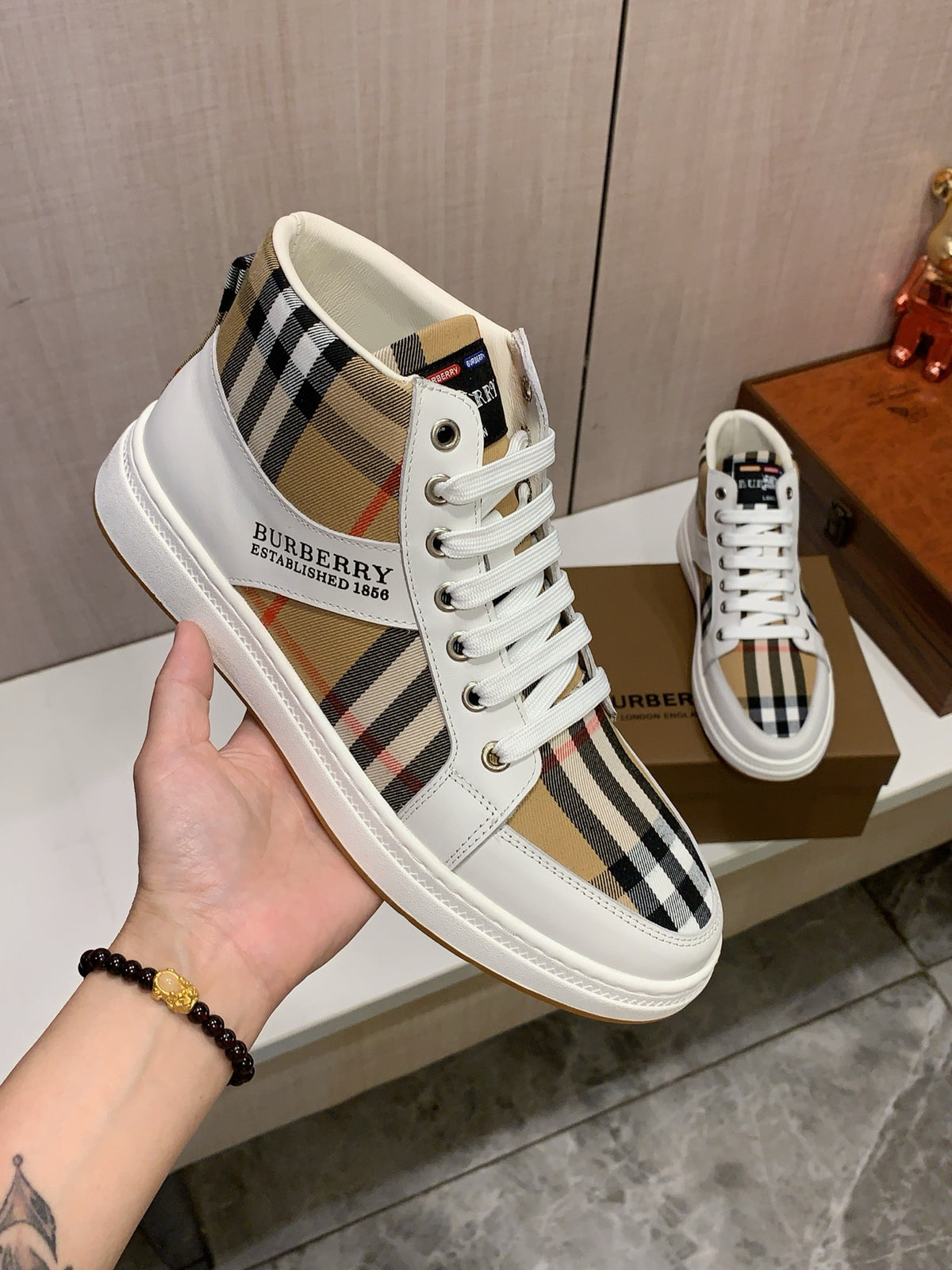 Cream & Check High-Top Sneakers | Classic Pattern, Modern Street Style
