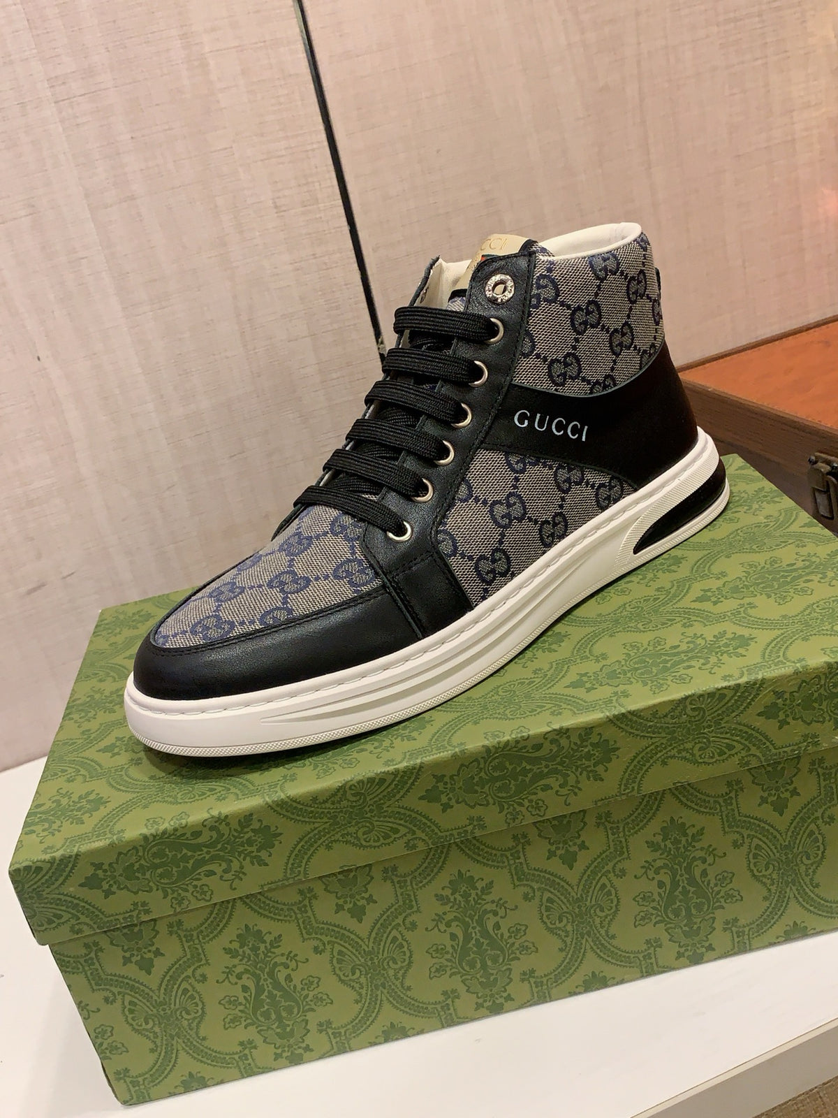 GUCCI Black & Grey Monogram High-Top Sneakers | Retro-Inspired Street Style