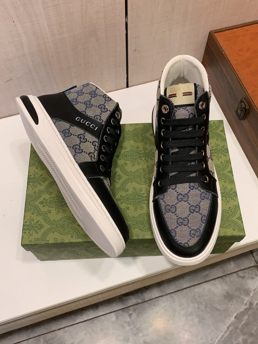 GUCCI Black & Grey Monogram High-Top Sneakers | Retro-Inspired Street Style