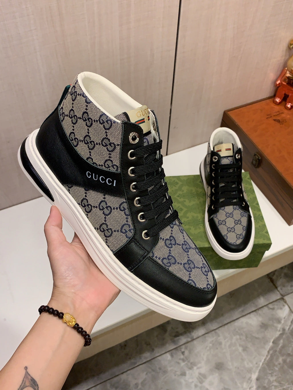GUCCI Black & Grey Monogram High-Top Sneakers | Retro-Inspired Street Style