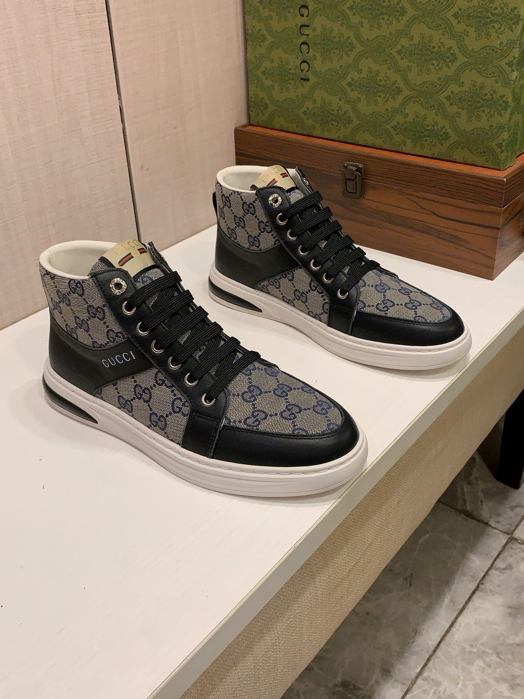 GUCCI Black & Grey Monogram High-Top Sneakers | Retro-Inspired Street Style