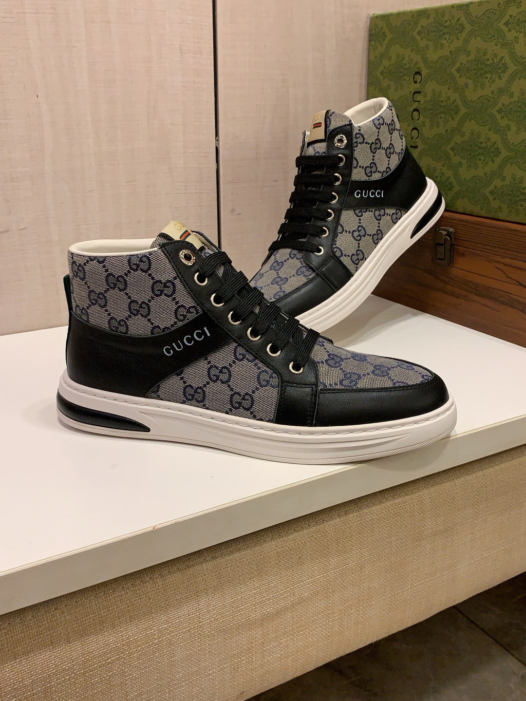 GUCCI Black & Grey Monogram High-Top Sneakers | Retro-Inspired Street Style