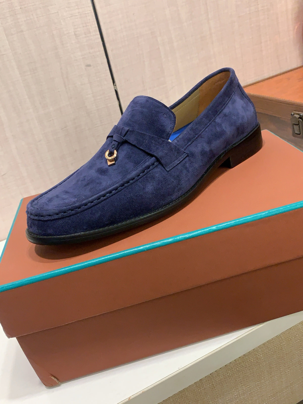 Deep Blue Suede-Look Loafers | Metallic Lock Detail & Refined Retro Style