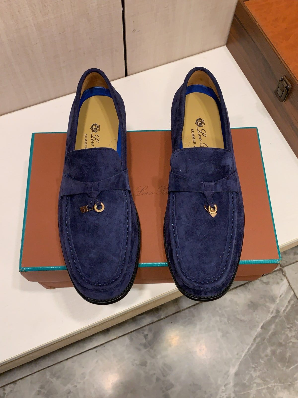 Deep Blue Suede-Look Loafers | Metallic Lock Detail & Refined Retro Style