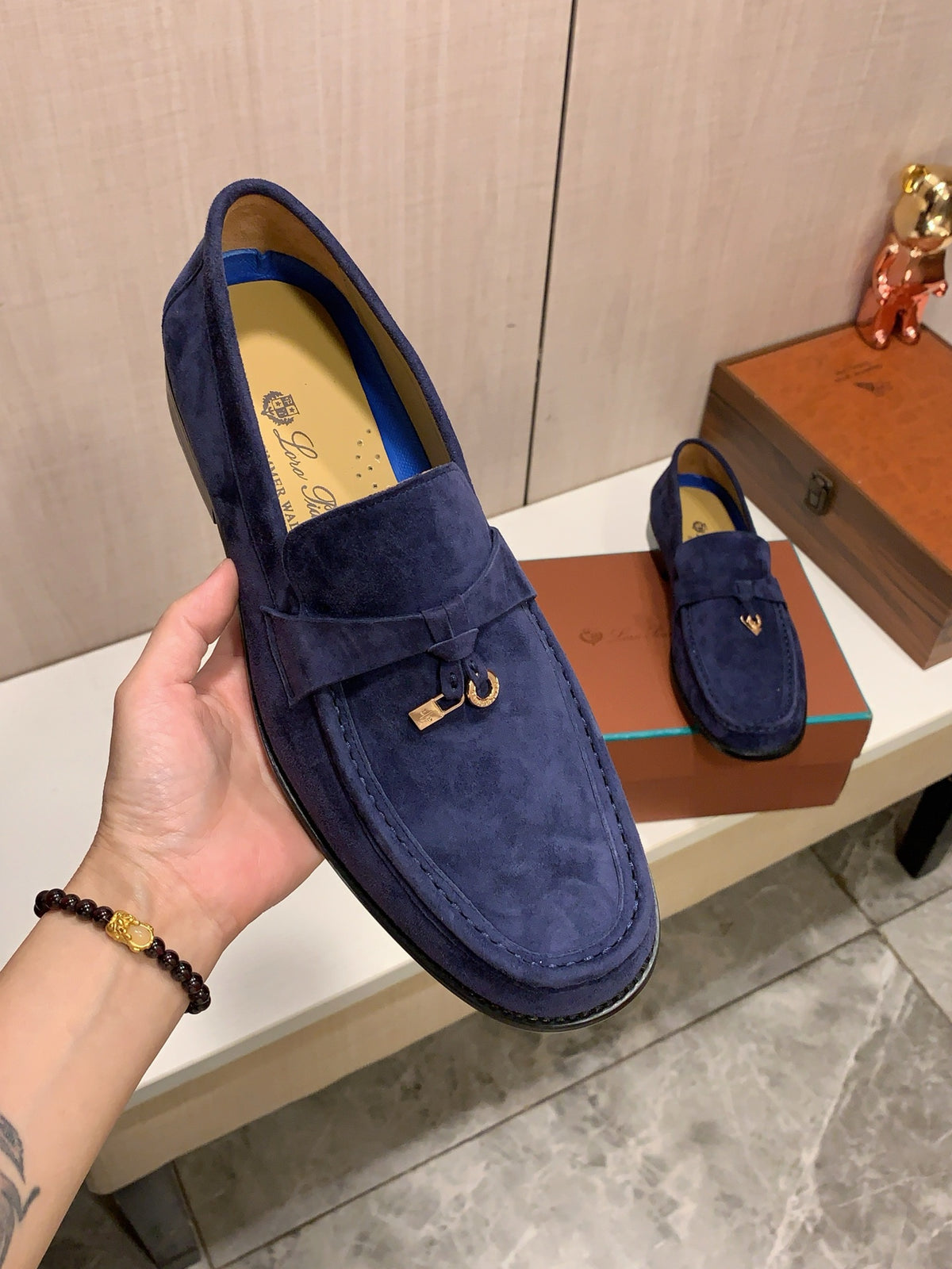 Deep Blue Suede-Look Loafers | Metallic Lock Detail & Refined Retro Style