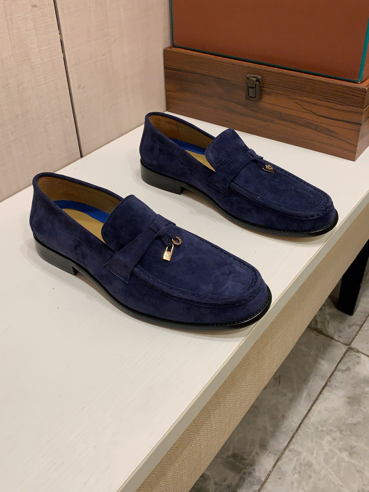 Deep Blue Suede-Look Loafers | Metallic Lock Detail & Refined Retro Style