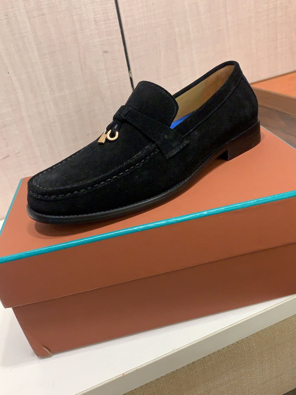 English Title: LP Black Suede-Look Loafers | Metallic Charm Detail, Smart-Casual Style