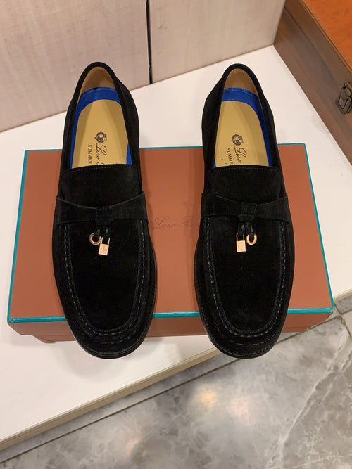 Black Suede-Look Loafers | Metallic Charm Detail, Smart-Casual Style