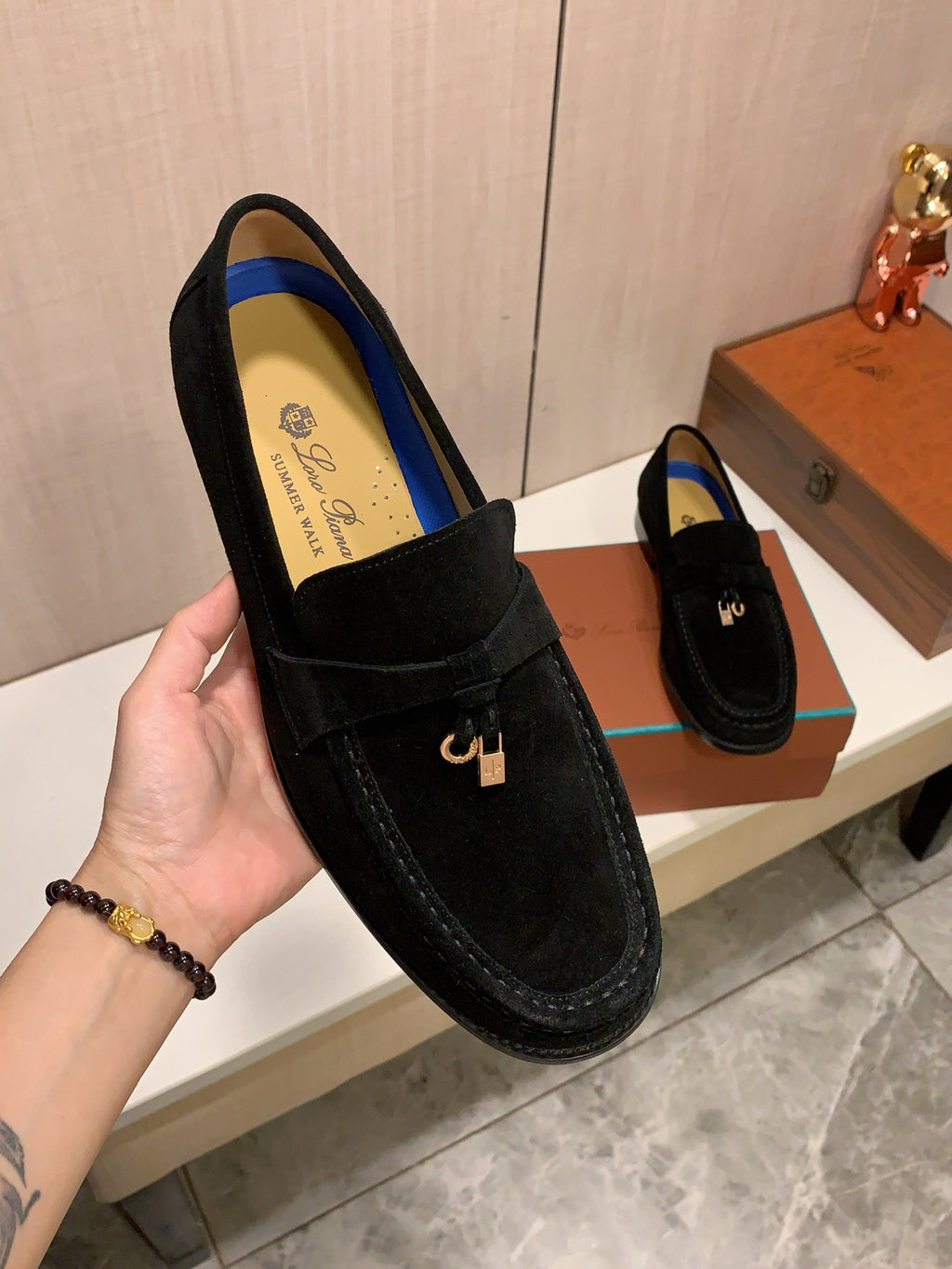 English Title: LP Black Suede-Look Loafers | Metallic Charm Detail, Smart-Casual Style
