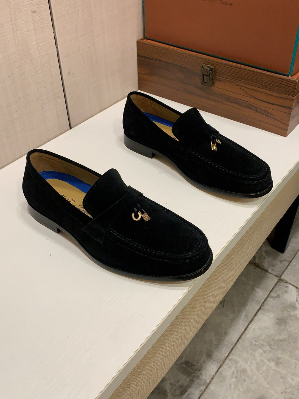 English Title: LP Black Suede-Look Loafers | Metallic Charm Detail, Smart-Casual Style