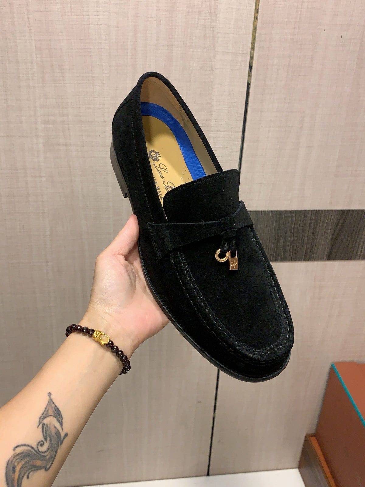 English Title: LP Black Suede-Look Loafers | Metallic Charm Detail, Smart-Casual Style