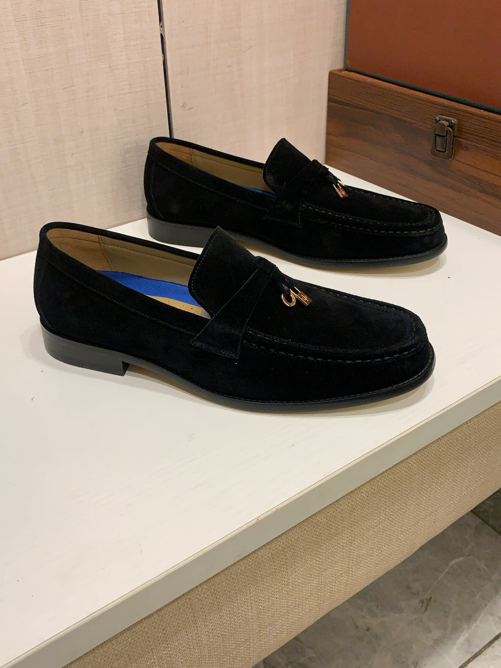 English Title: LP Black Suede-Look Loafers | Metallic Charm Detail, Smart-Casual Style