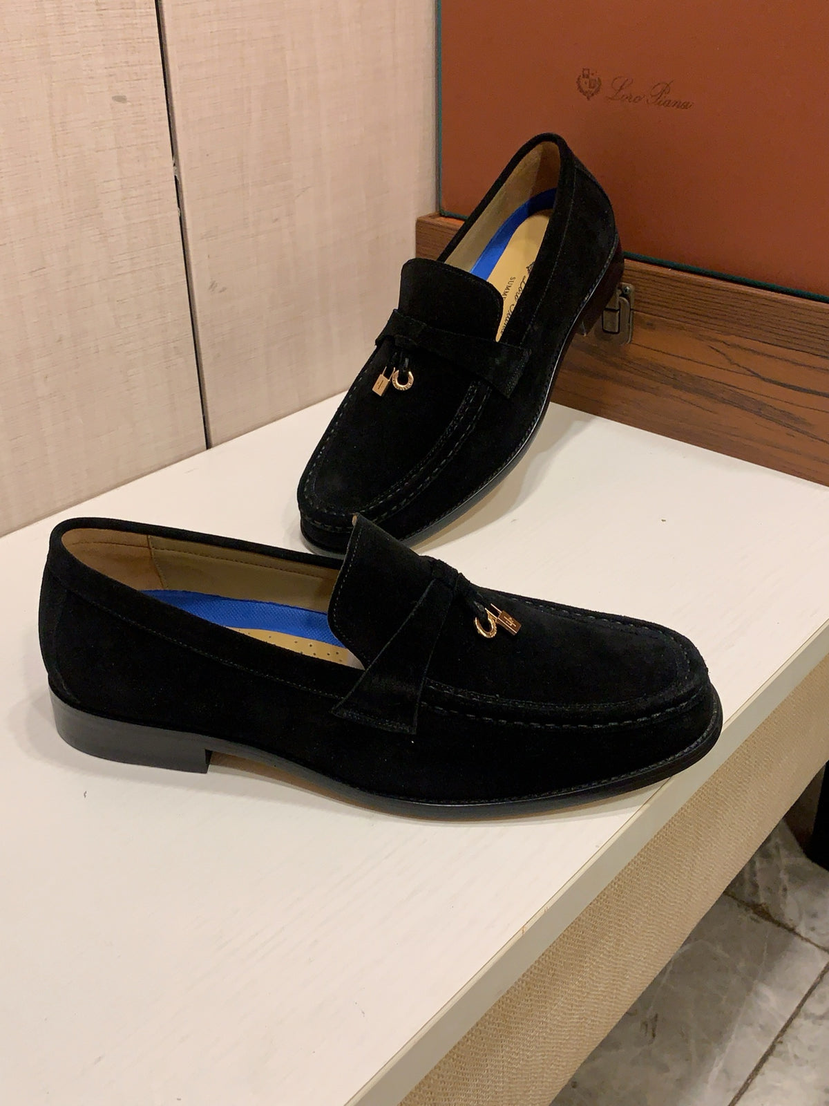 English Title: LP Black Suede-Look Loafers | Metallic Charm Detail, Smart-Casual Style