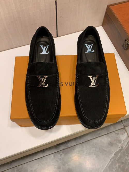 Black Suede-Look Loafers | Silver-Tone Letter Detail, Refined Everyday Style