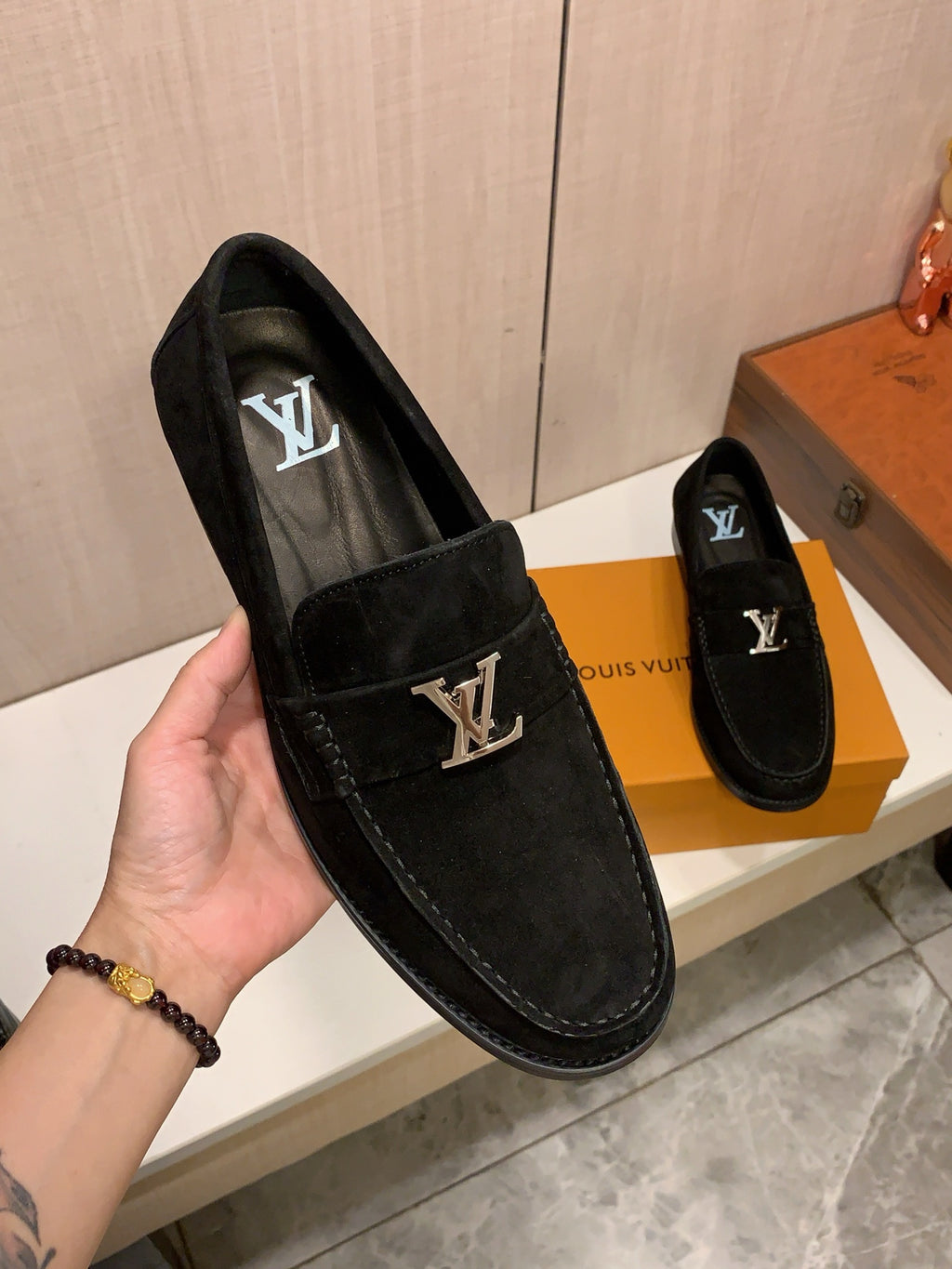 Black Suede-Look Loafers | Silver-Tone Letter Detail, Refined Everyday Style