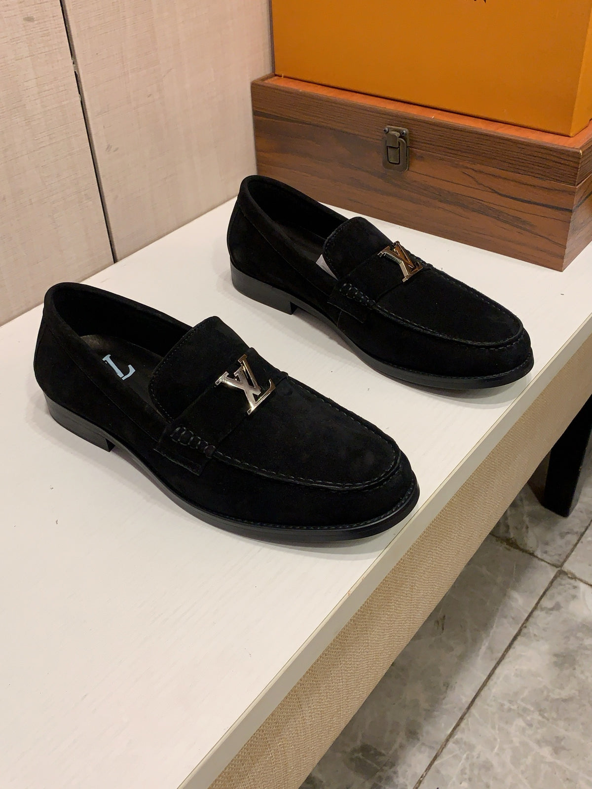 Black Suede-Look Loafers | Silver-Tone Letter Detail, Refined Everyday Style