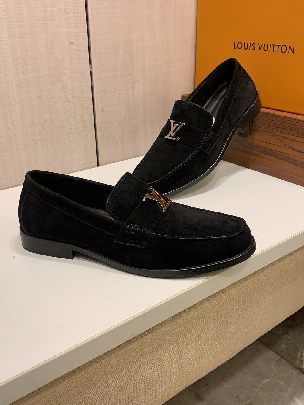 Black Suede-Look Loafers | Silver-Tone Letter Detail, Refined Everyday Style