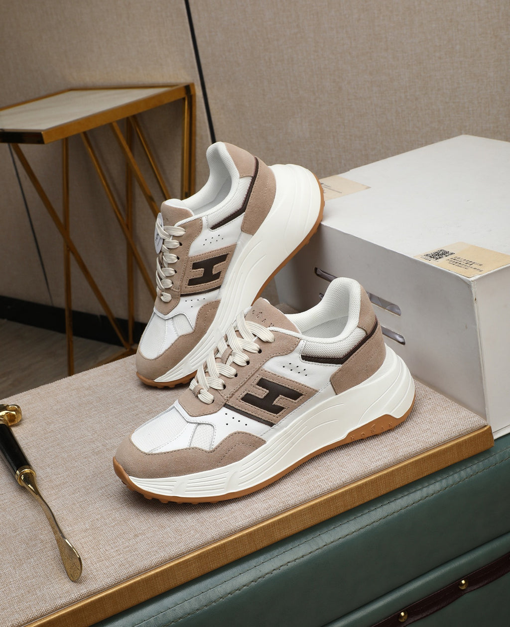 Hogan Hyperlight Beige Suede Platform Sneakers with Brown H Logo, Lightweight Everyday Style