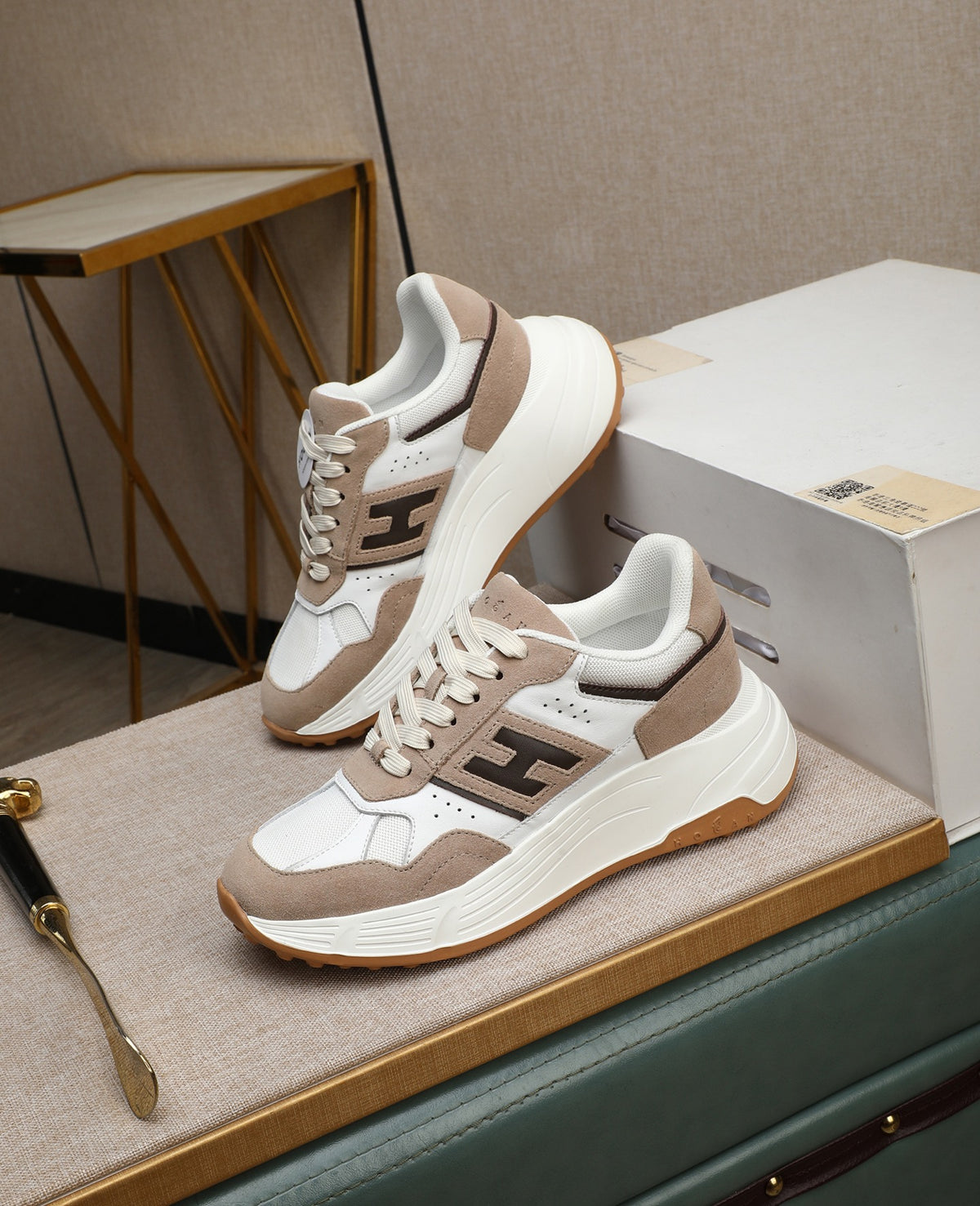 Hogan Hyperlight Beige Suede Platform Sneakers with Brown H Logo, Lightweight Everyday Style