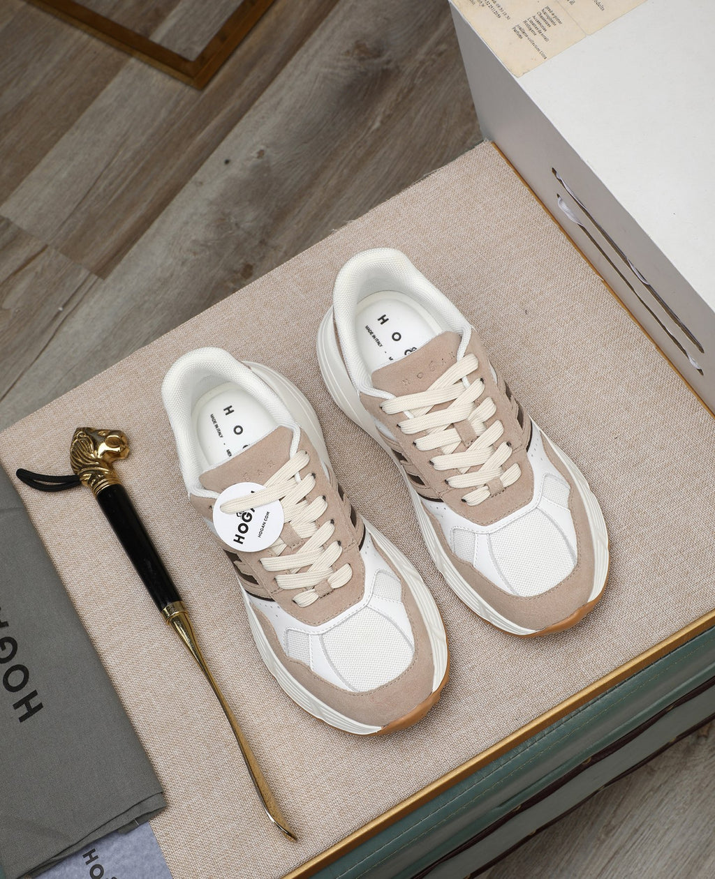 Hogan Hyperlight Beige Suede Platform Sneakers with Brown H Logo, Lightweight Everyday Style