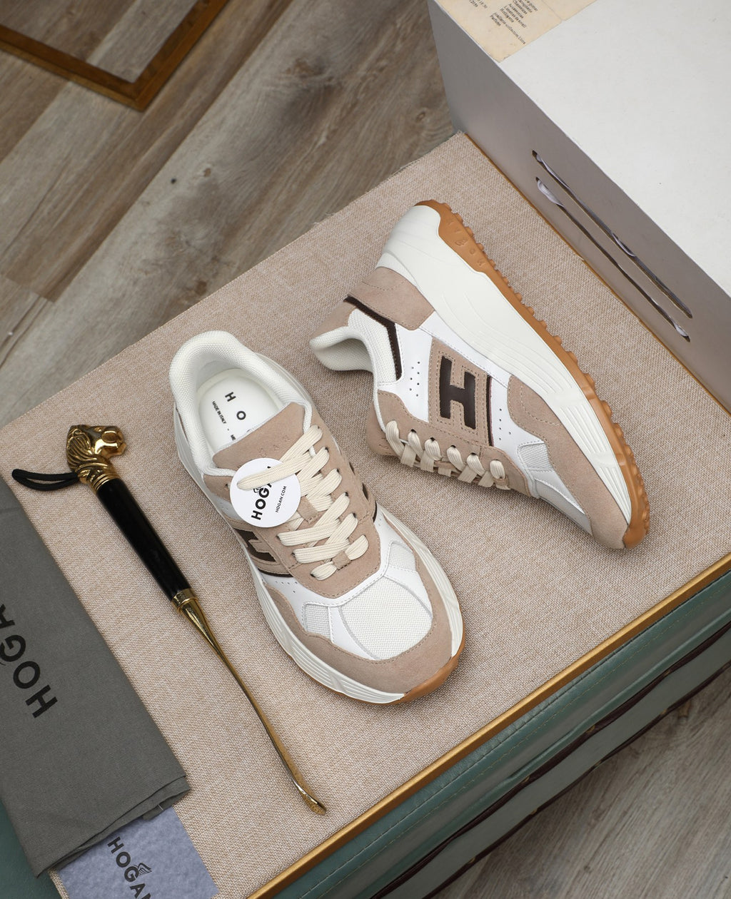 Hogan Hyperlight Beige Suede Platform Sneakers with Brown H Logo, Lightweight Everyday Style