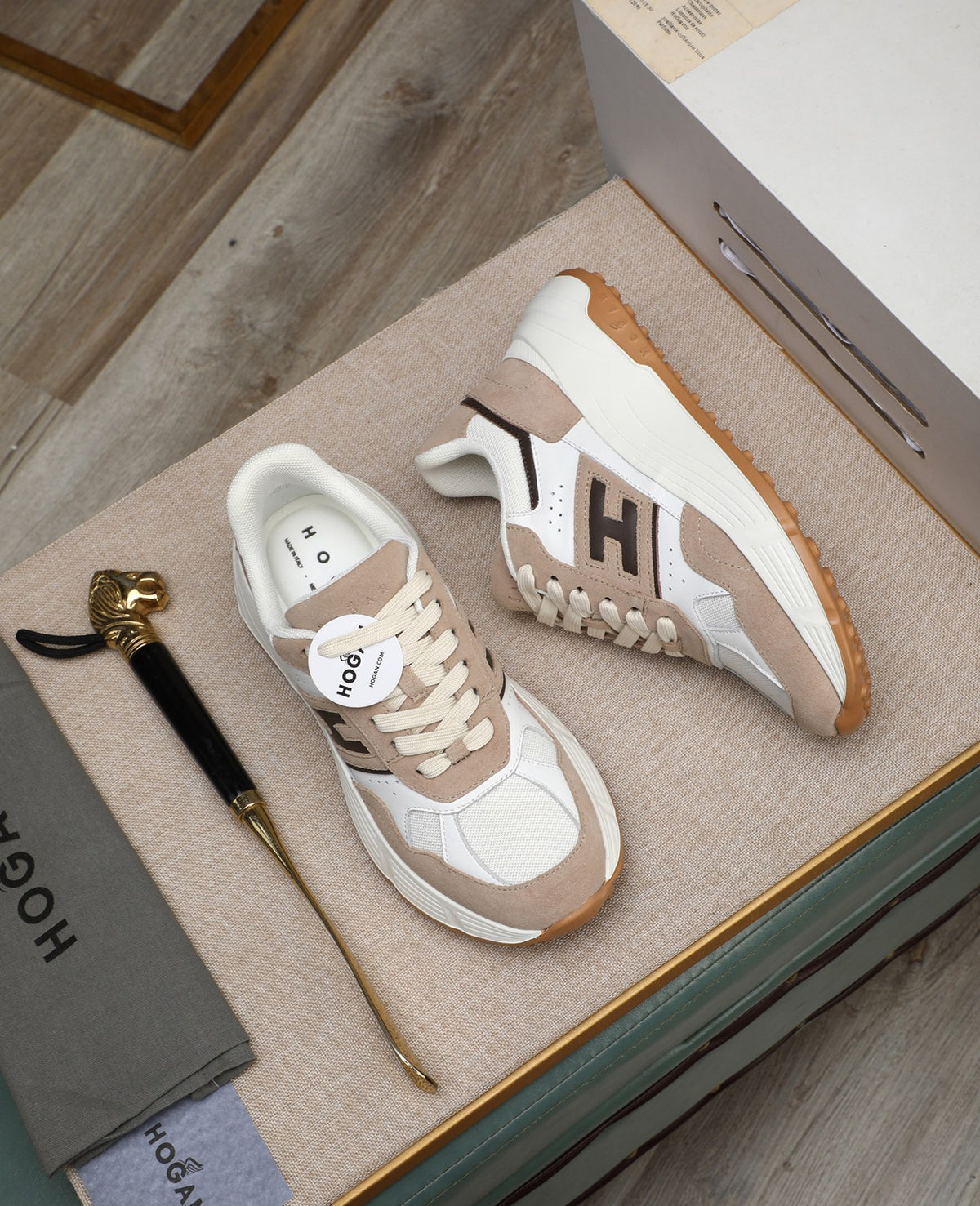 Hogan Hyperlight Beige Suede Platform Sneakers with Brown H Logo, Lightweight Everyday Style