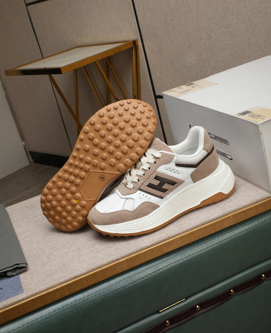Hogan Hyperlight Beige Suede Platform Sneakers with Brown H Logo, Lightweight Everyday Style