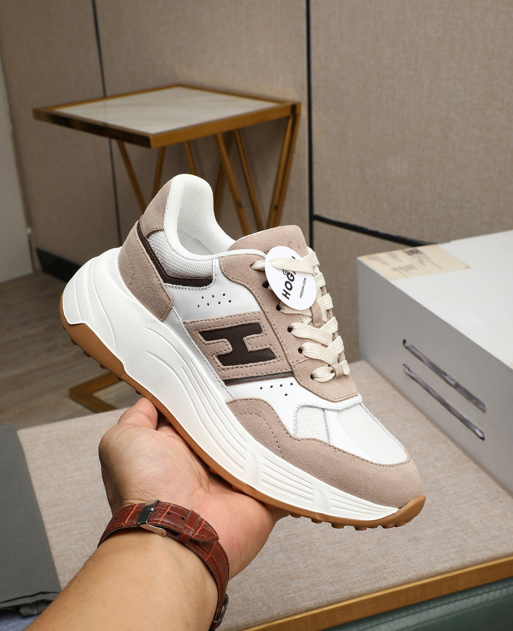 Hogan Hyperlight Beige Suede Platform Sneakers with Brown H Logo, Lightweight Everyday Style