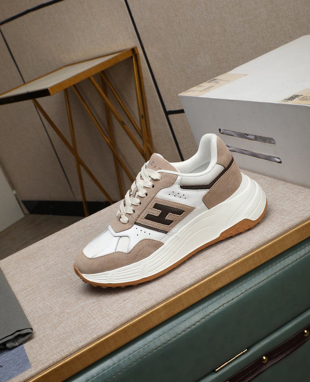 Hogan Hyperlight Beige Suede Platform Sneakers with Brown H Logo, Lightweight Everyday Style