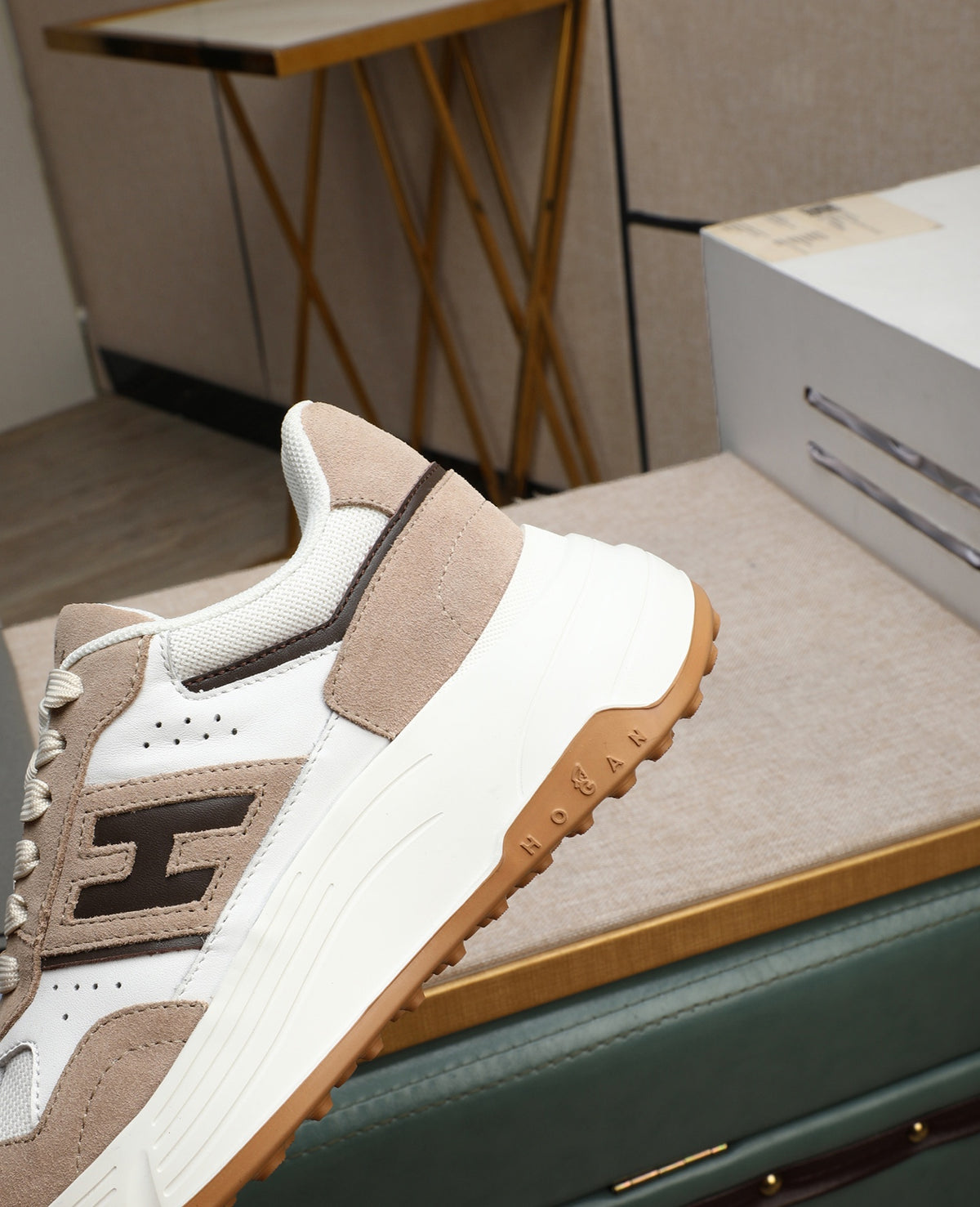 Hogan Hyperlight Beige Suede Platform Sneakers with Brown H Logo, Lightweight Everyday Style
