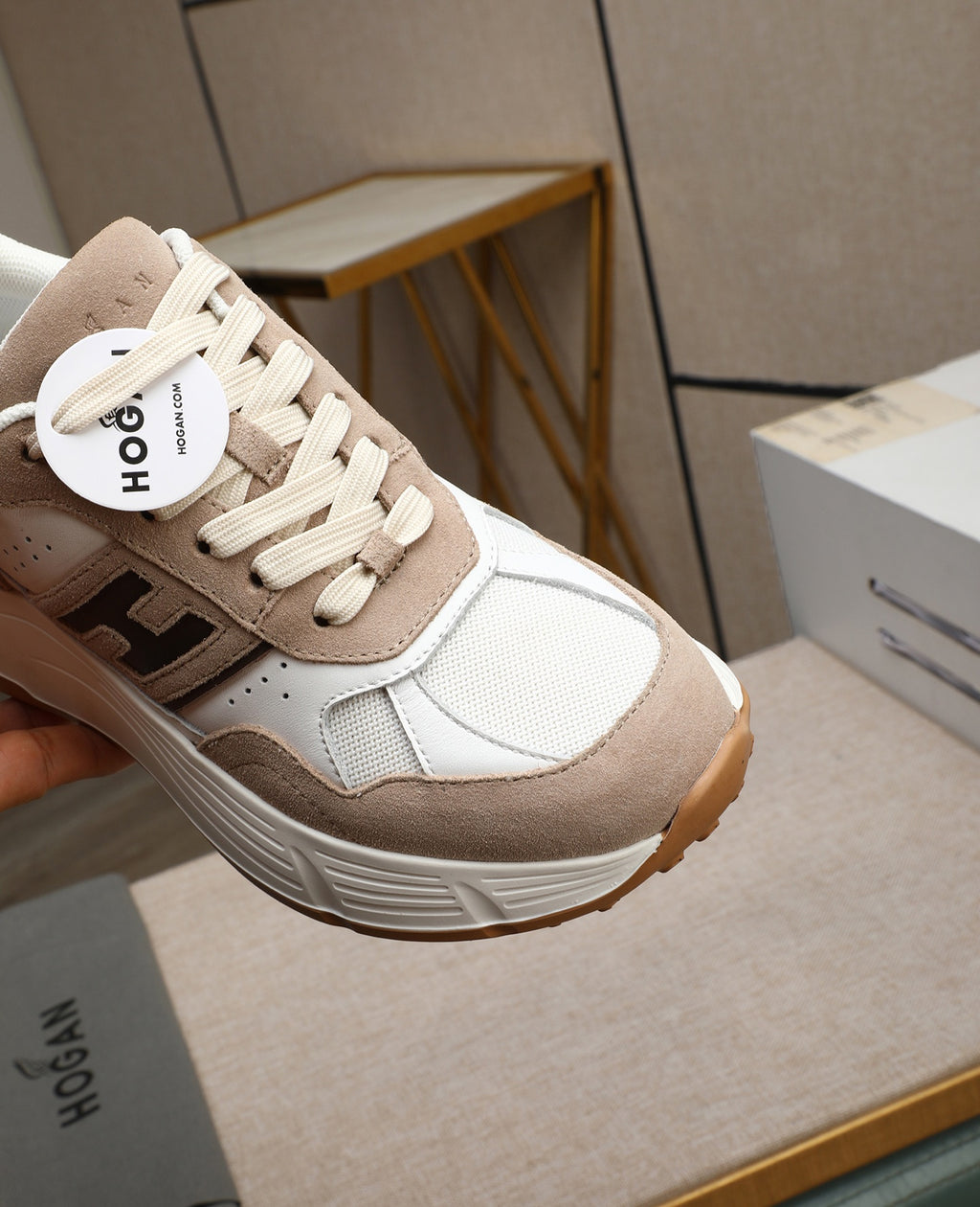 Hogan Hyperlight Beige Suede Platform Sneakers with Brown H Logo, Lightweight Everyday Style